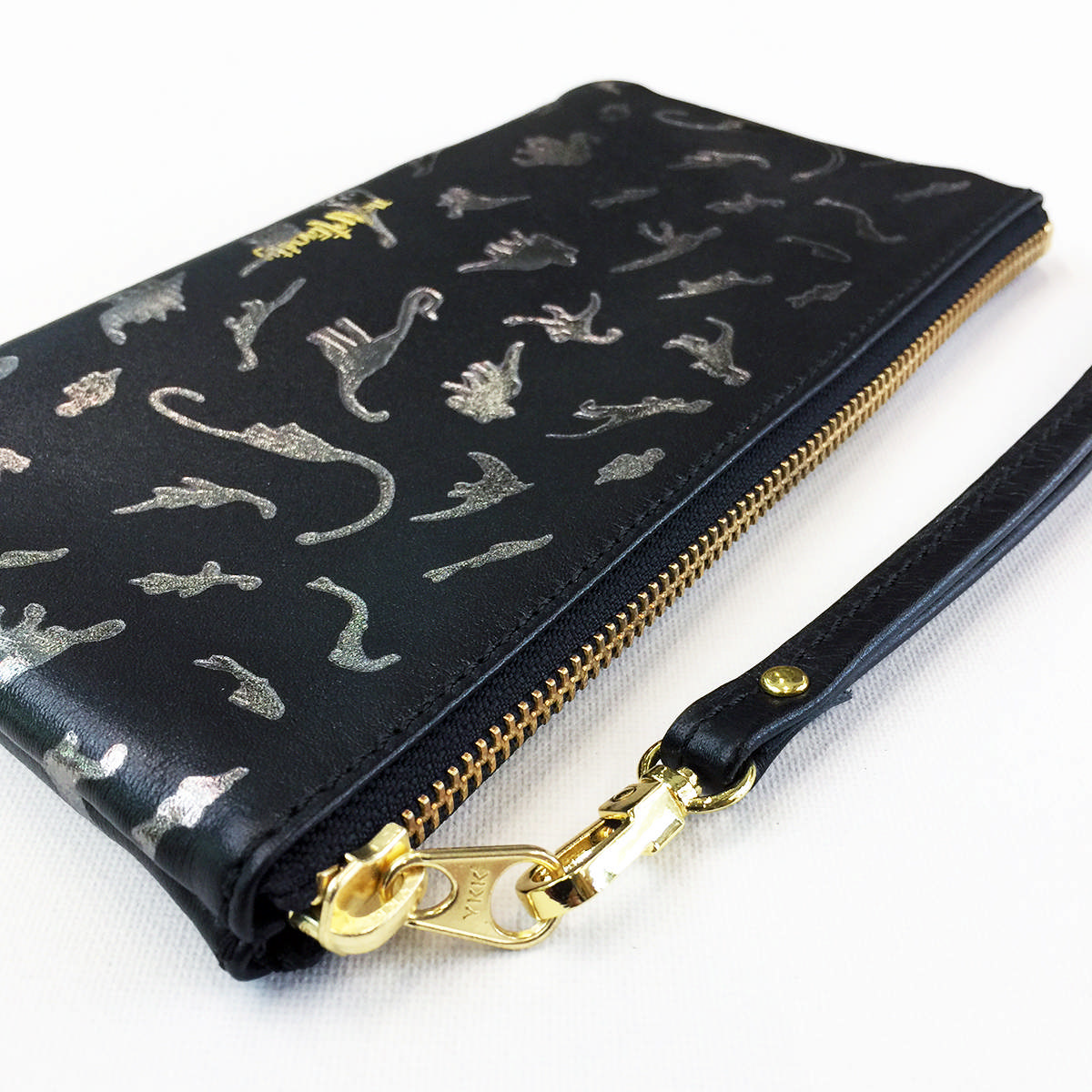 Dino Leather Wristlet Clutch - Gun Metal on Black